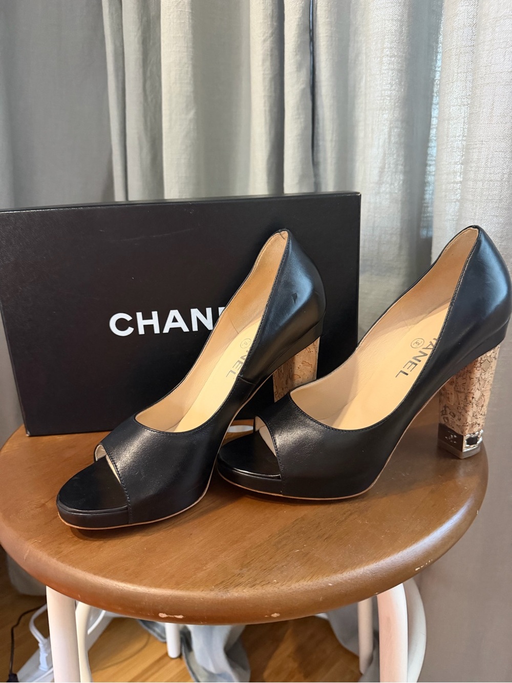 CHANEL Black Leather Peep-Toe Cork Block Heel Pumps